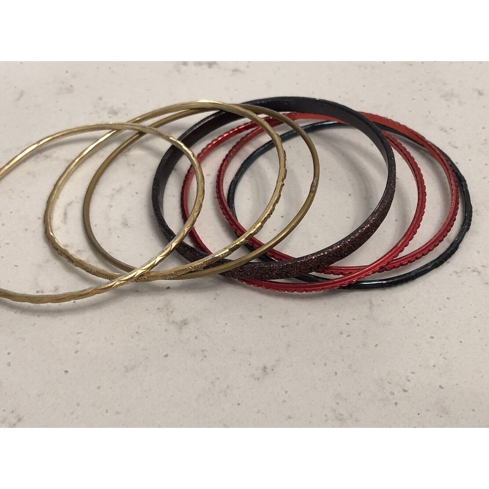 Lot of 7 Bangle Bracelets Gold Tone Stackable Boho Retro Multi Color Cottage - Picture 3 of 11